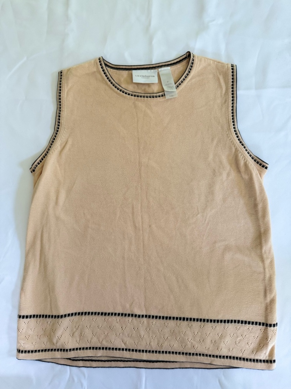 Liz Sport Liz Claiborne 100% Cotton Knit Tank Top Beige Black Trim UK Size Med